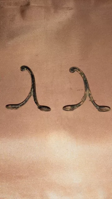 [J2] - 2 Old Single Coat Hooks 1850’s Farmhouse Wardrobe Rustic Cast Iron 2-5/8"