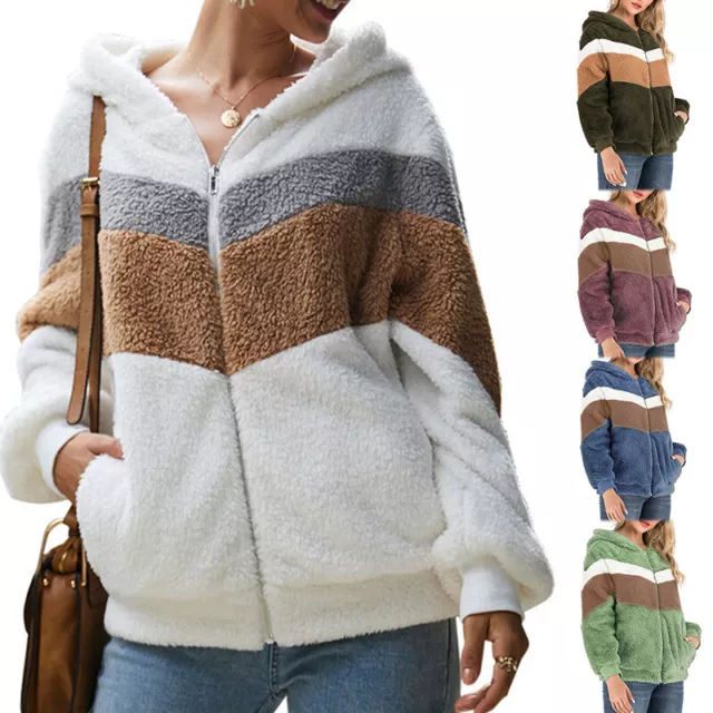 Women Teddy Bear Zip Up Coat Warm Fleece Fluffy Jacket Winter Outwear Colorblock