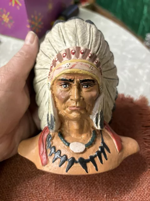 Vintage Chalkware 6" Tall Indian Brave Chief Bust Statue Free Shipping