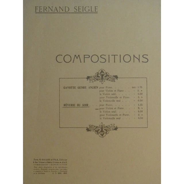 SEIGLE Fernand Rêverie du Soir Piano Violon ca1906