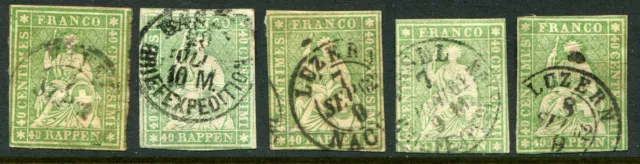 Switzerland 1858 40r green (shades) SG 51/51a x5 used (cat. £500) good postmarks