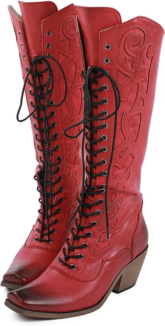 SO SIMPOK Womens Retro Cowboy Boots Lace Up Mid Calf Chunky Heel Snip...
