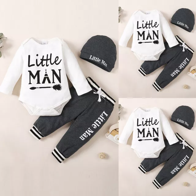 3PCS Newborn Baby Boys Long Sleeve Tops Pants Hat Outfits Tracksuit Clothes Set