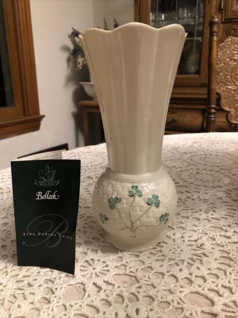 Belleek Irish 8” Basketweave Shamrock Listowel Vase with 8th Blue Mark 1993