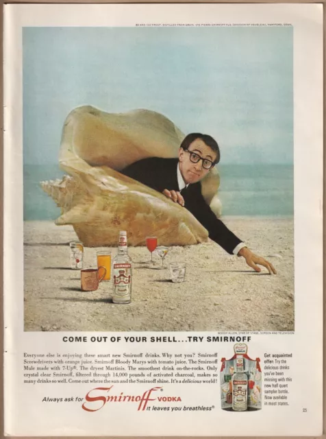 1966 Smirnoff Vodka Vintage Print Ad Woody Allen Come Out of your Shell