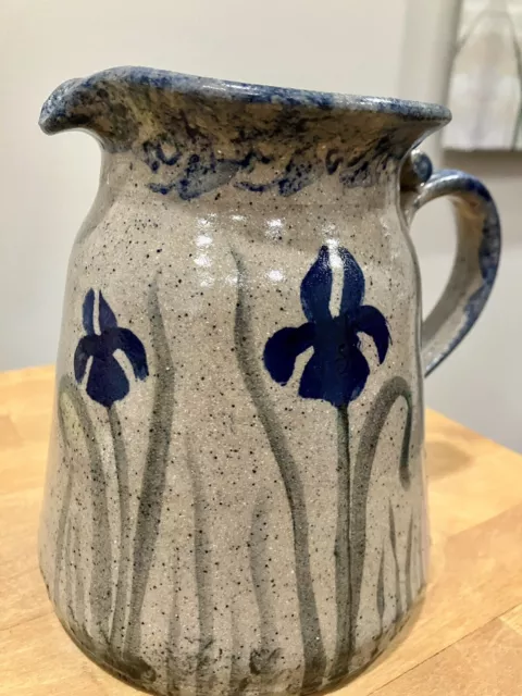 Sugar Camp Glazed Stoneware Pottery Pitcher VTG Vase Carafe Crock Urn Blue Iris 