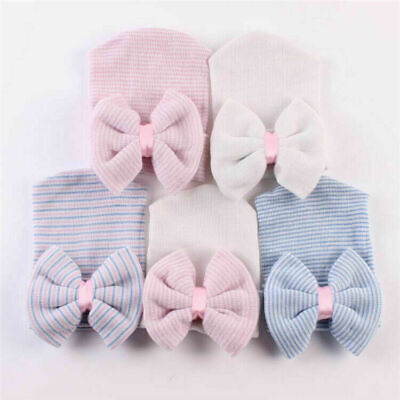 Newborn Baby Girls Infant Striped Soft Hat with Bow Cap Hospital Headband Beanie