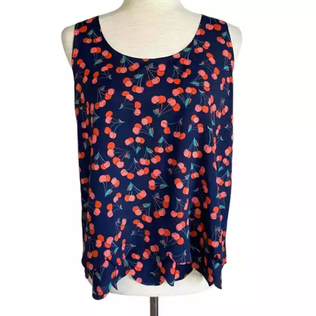 MAISON JULES Cherry Print Sleeveless Scallop Hem Layered Blouse Size Small Navy