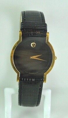 Movado Sapphire 87.C6.870.2 Men's Gold Tone Black Museum Dial Leather Band Watch