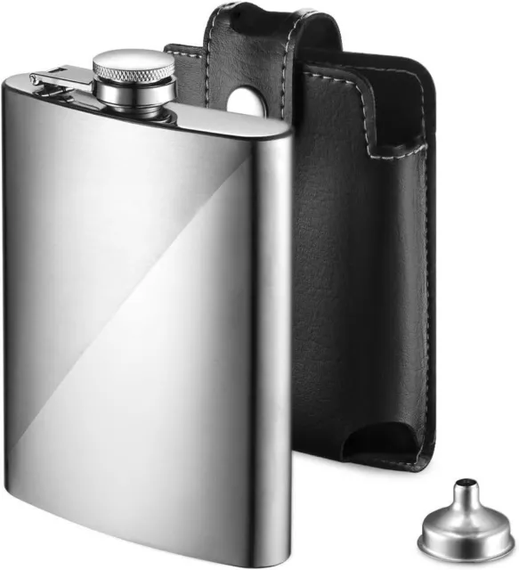 Hip Flask Stainless Steel Pocket Wine Bottle + Funnel Leather Case Whiskey Cap