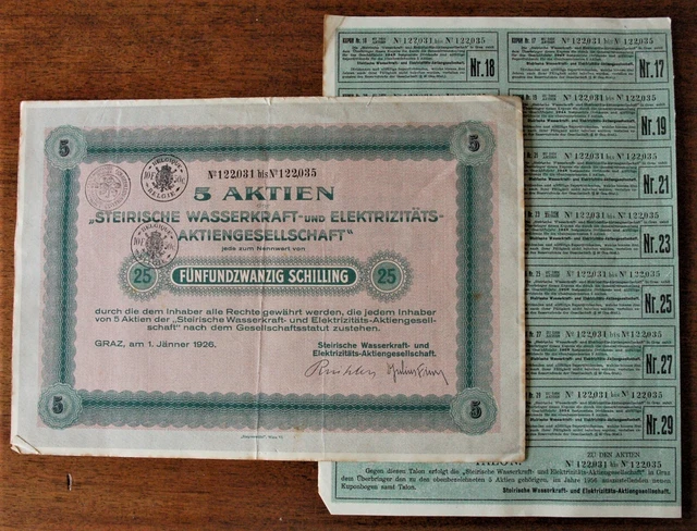 Share certificate for 25 schillings 1926: Styrian Water Power & Electricity + co