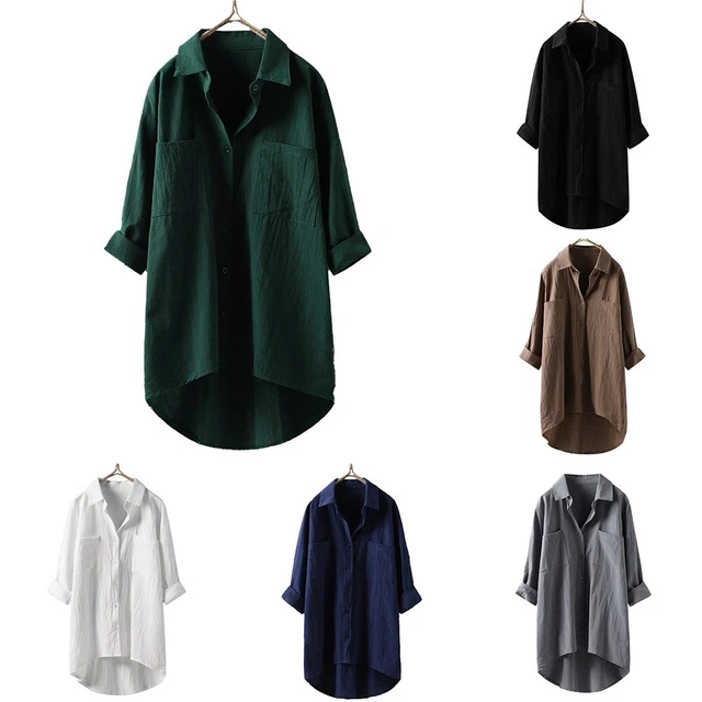 Camicia da donna top camicetta alla moda taglia plus taglia V cotone lino abito