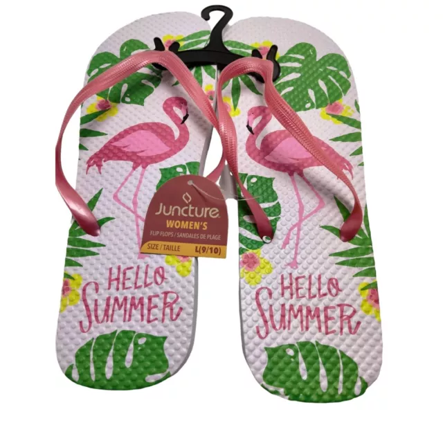 A Hello Summer Flip Flops Sandal Pink Flamingo Womens Large L Size 9 10