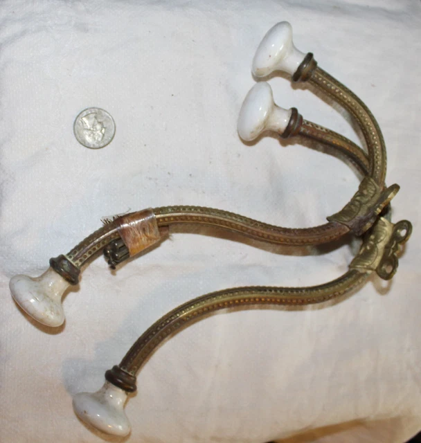 Pair of Victorian Dual Wall Hooks Porcelain knobs, Ornate Brass with screws  