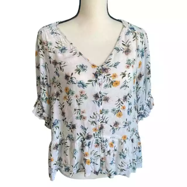 Lucky Brand White Floral Short Sleeve Button Up Blouse Women's Large