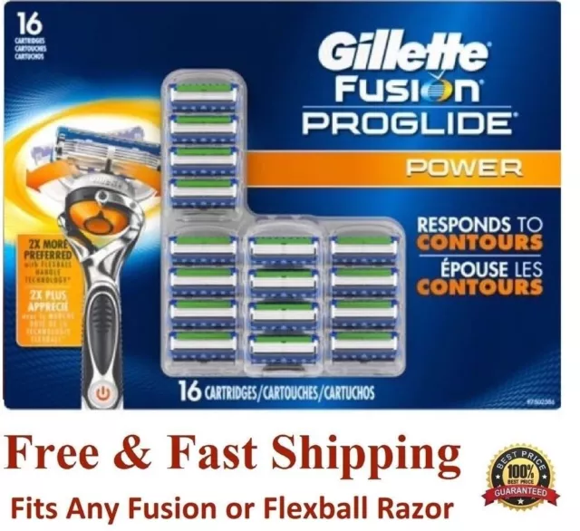 16 GILLETTE FUSION Proglide Power Blades Cartridge Refill ft Flexball Razor 4 8