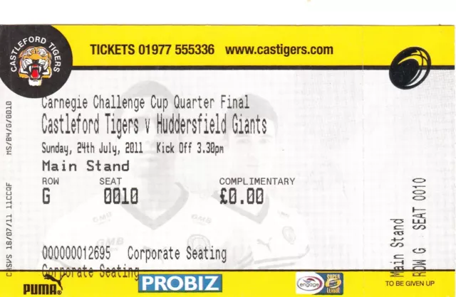 Ticket - Castleford Tigers v Huddersfield Giants 24.07.2011 Challenge Cup