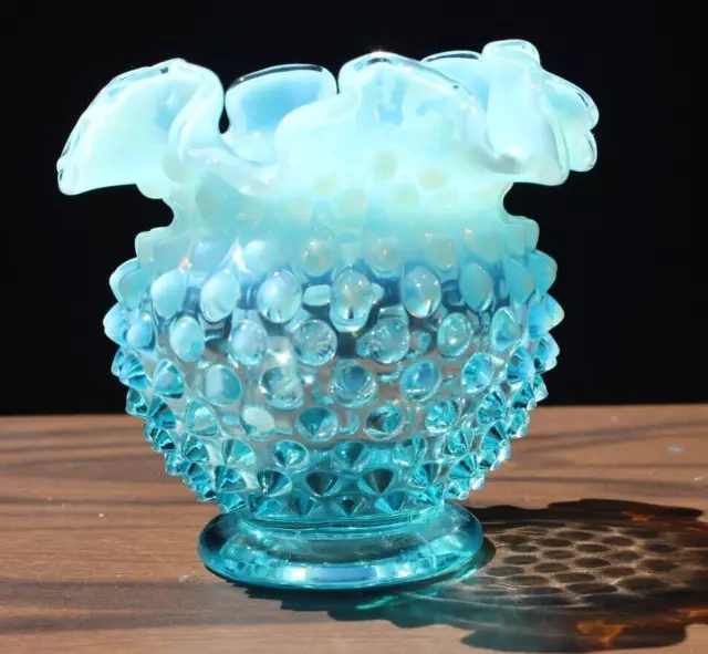 Vintage Fenton Art Glass Aqua Blue Opalescent Hobnail Vase Ruffled Edge