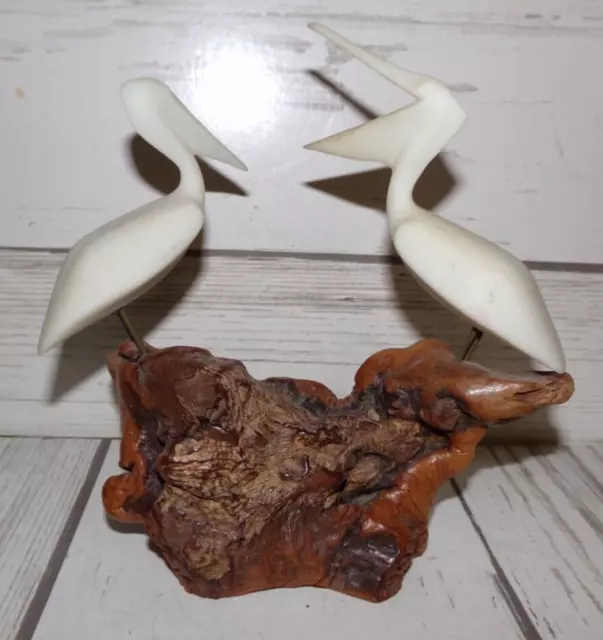 Vintage John Perry White Sculptured 2 Pelican's Perched On Driftwood
