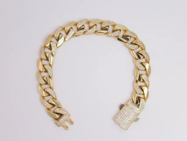 9 Ct Round Cut Simulated Diamond  Men's Cuban Link Bracelet 14k Yellow Gold Over