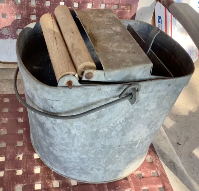 Vintage Wash Bucket Galvanized Metal Mop Wringer Wood Rollers De Luxe  Steampunk