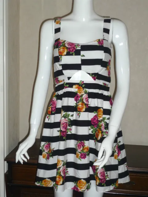 BNWT Ladies Black & White Striped/Floral Cut Out Dress Summer Outfit Size 8