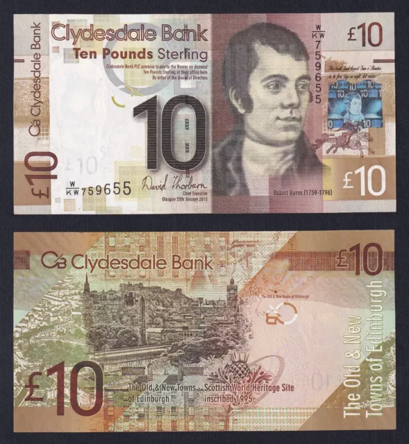 Ecosse Clydesdale Bank 10 Pounds 2013 P 229Jb Spl / XF A-02