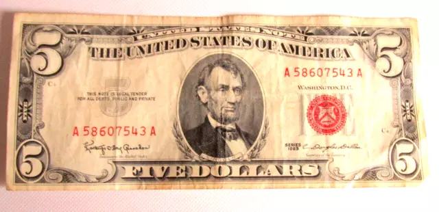 1963  Five Dollar Red Seal Note Circulated US Paper Currency