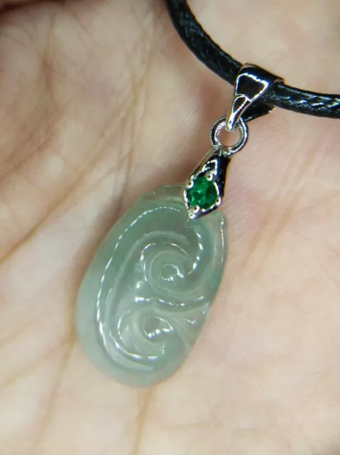 Sale -Grade A green Jadeite Jade ruyi S925 silver pendant leather necklace