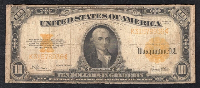 Fr. 1173 1922 $10 Ten Dollars “Hillegas” Gold Certificate Currency Note (C)