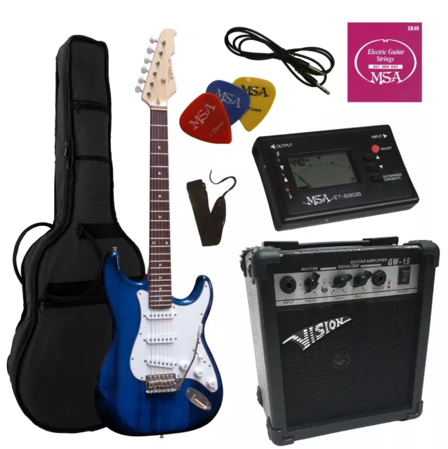 Guitare électrique ST5 bleu foncé, kit - accordeur - amplificateur GW15, sac, bande, câble