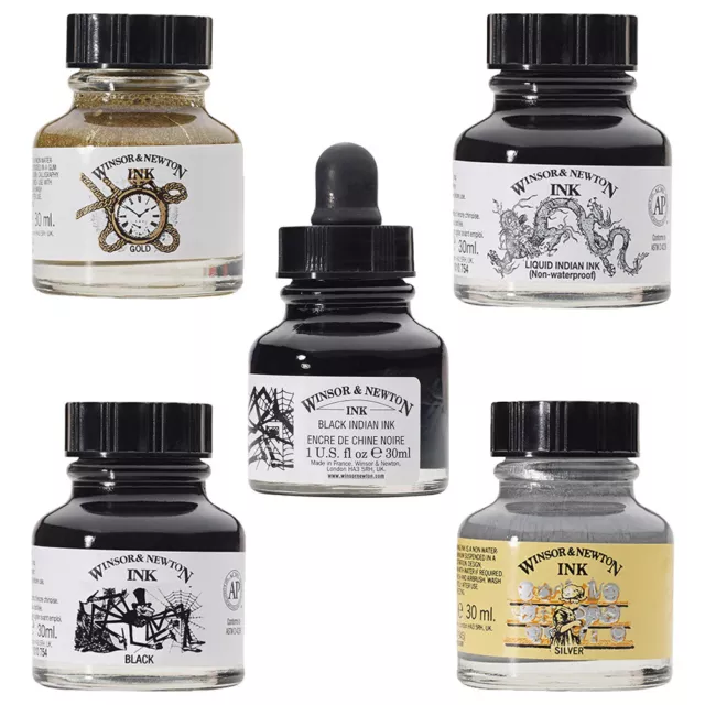 Bouteilles à encre à dessin Winsor & Newton taille plus grande 30 ml en noir, or ou argent