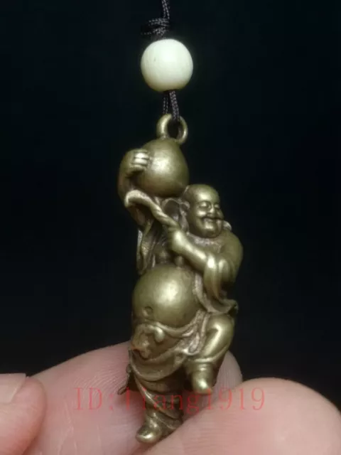 Old Chinese Bronze Carving Longevity Peaches Buddha Statue necklace pendant Gift