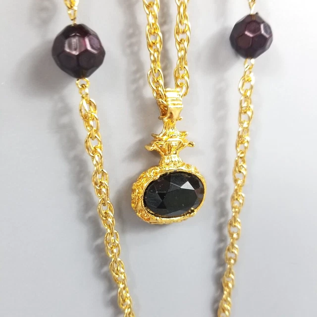 Vintage Double Strand Necklace Oval Pendant Gold Tone Chain 28", Moderate Wear