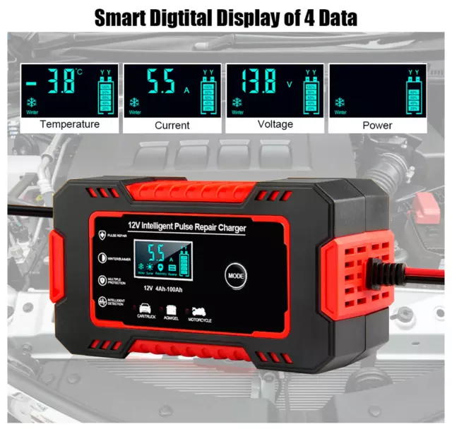 Caricabatteria 12V Carica Automatico Intelligente per Auto, Moto, Scooter, LCD