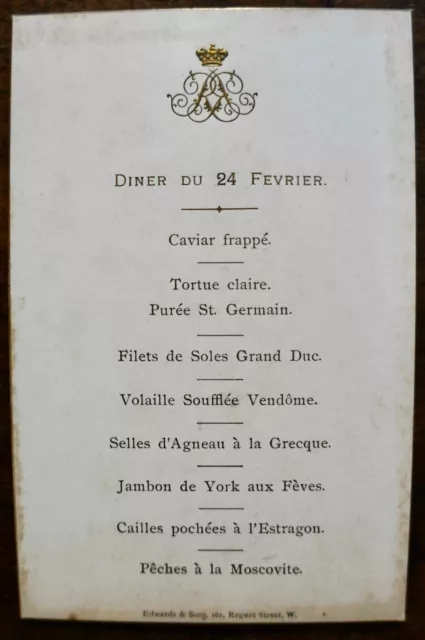 MENU ,  ARMOIRIES ROYALES , 24 FEVRIER , 90 mm X 140 mm, sur carton fort. 1930 ?