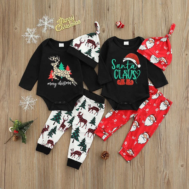 Romper Natale Babbo Natale neonato bambine + pantaloni lunghi + set abiti cappello