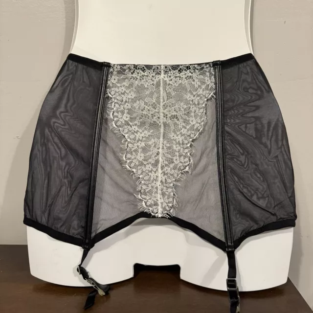 Victorias Secret Very Sexy Sz  Medium Black White Lace Mesh Garter Belt Lingerie