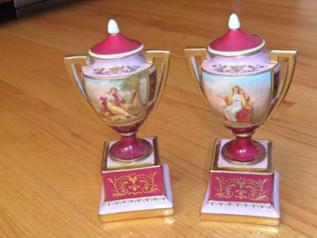 Antique 1800s Pair Royal Vienna Porcelain Lidded Urn Vase