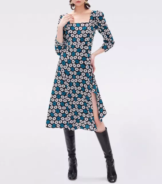 Diane von Furstenberg Square Neck Floral Long Sleeve Midi Dress