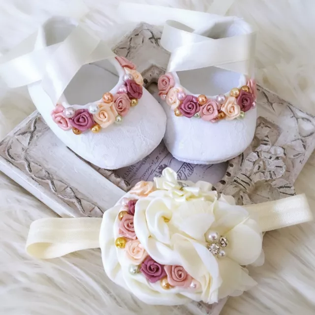 Baby Girl Ivory Christening Shoes Baptism Shoes Headband Satin Roses Pearls  Set