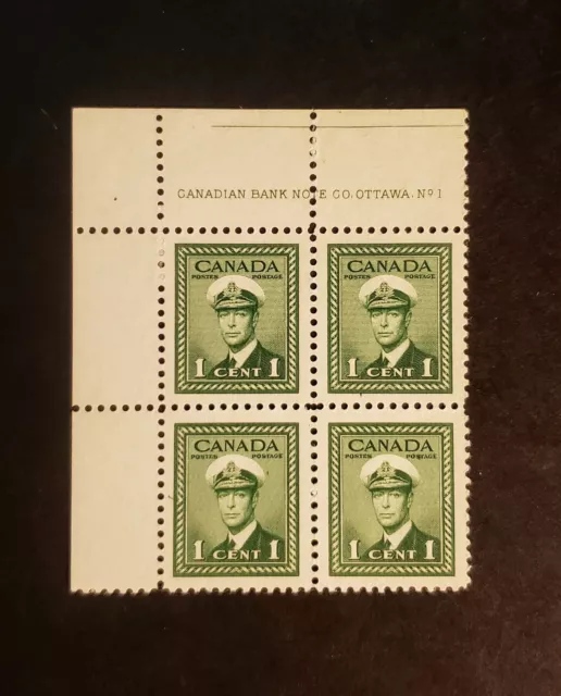 Stamps Canada Mint: #249 1c green Geo. Vl War Issue UL Pl. Blk. #1 VF MNH