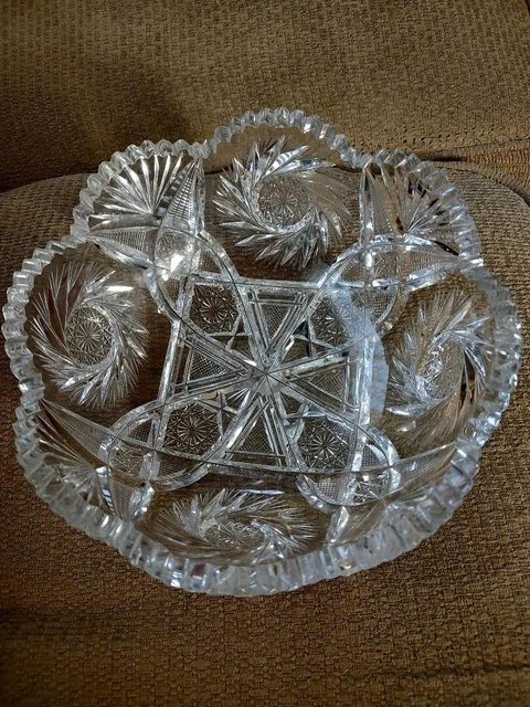 Antique ABP American Brilliant Period Cut Crystal Hobstar Fan Sawtooth Bowl 8"