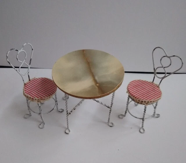 Vintage Dollhouse Miniature Furniture 1:12 Scale table chairs metal heart retro