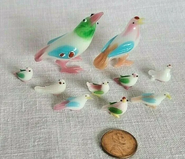 Vintage glass miniature tropical bird family set of 10 micro mini figurine lot A