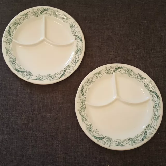 2 Mayer China Divided 9.5" Dinner Plates Resturant Ware Green Marilyn Pattern