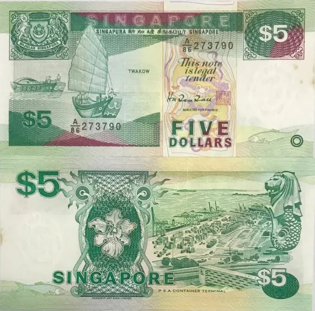 Singapore 5 Dollars ND 1997 Harrison Printer P 35 UNC With Foxing See Scan