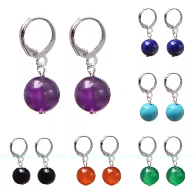 6/8/10/12mm Natural Multi-Color Gemstone Round Beads Dangle Silver Hook Earrings