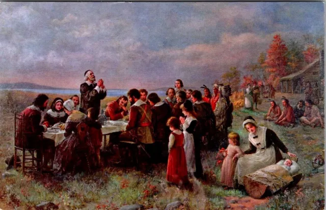 First Thanksgiving painting in Pilgrim Hall museum Plymouth Mass.vtg Postcard a7