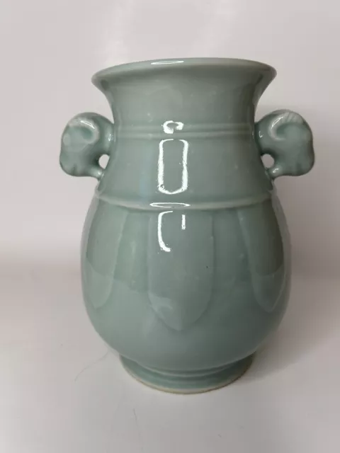 Vintage Chinese Longquan Celadon Green Vase Urn w/Rams Head Handles